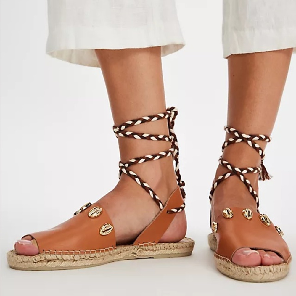 Free People Wander Wrap Espadrilles Brown Leather Braided Lace-Up Flat Sandals